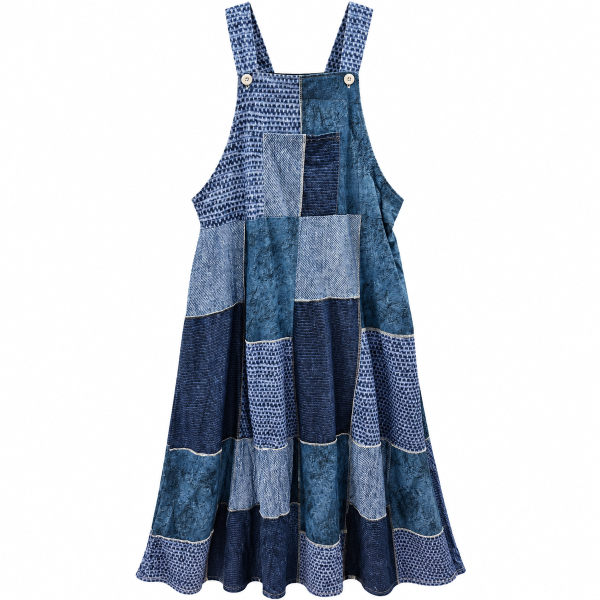 Vestido Overall Patchwork Denim Azul