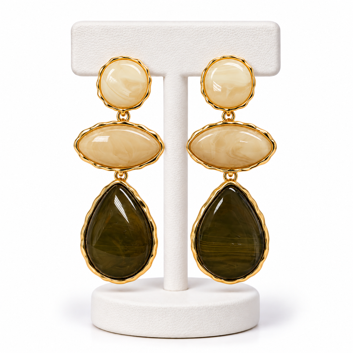 Aretes Piedras y Metal Crema-Verde