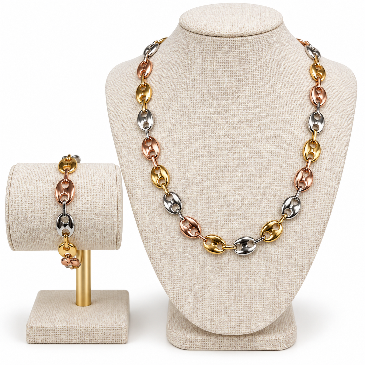 Set de Collar y Pulsera de Eslabones Tricolor