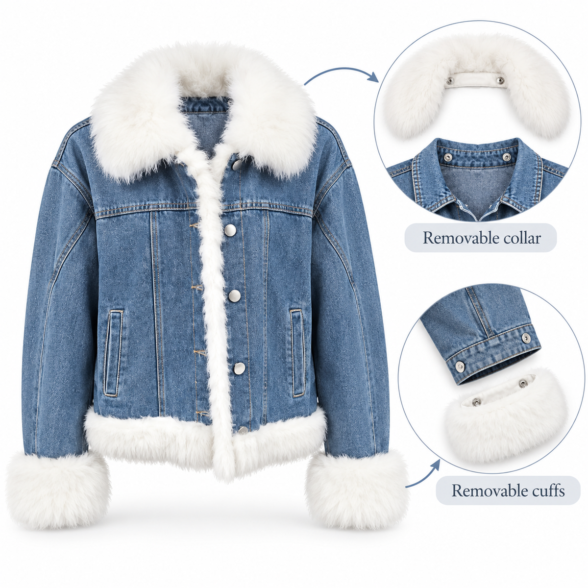 Chaqueta Denim con Forro y Cuello Reversible de Peluche Blanco