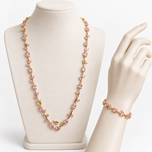 Set Collar y Pulsera Dorados con Cristales Rosados