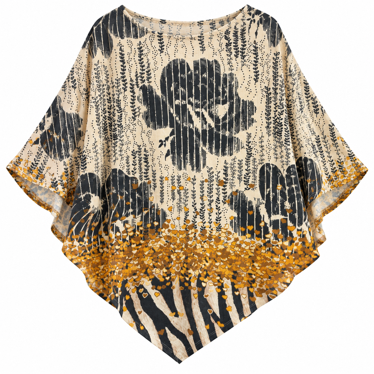 Blusa Poncho Crema con Estampado Floral Abstracto