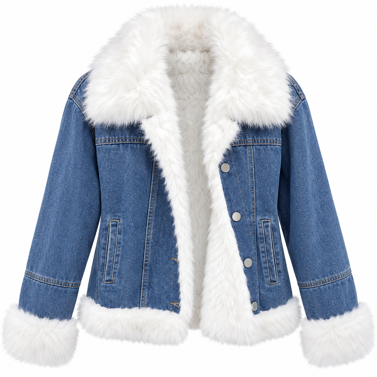 Chaqueta Denim con Forro y Cuello Reversible de Peluche Blanco