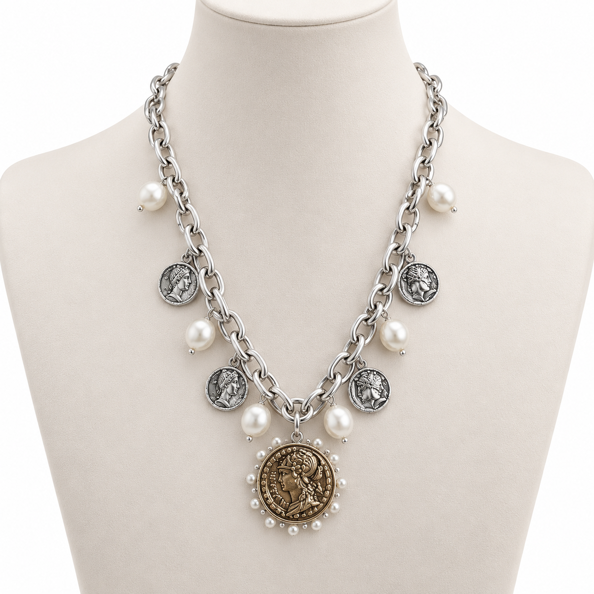 Collar Plateado con Perlas y Medallones Vintage