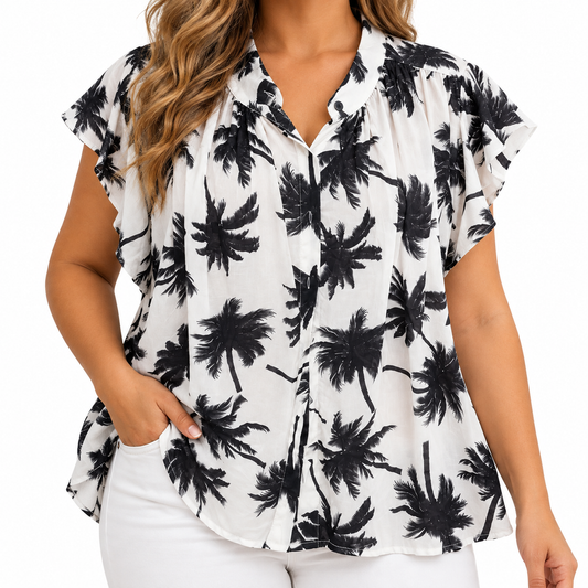 Blusa Estampado Palmeras Blanco y Negro