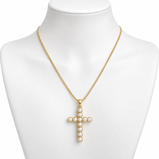 Collar Dorado con Cruz de Perlas