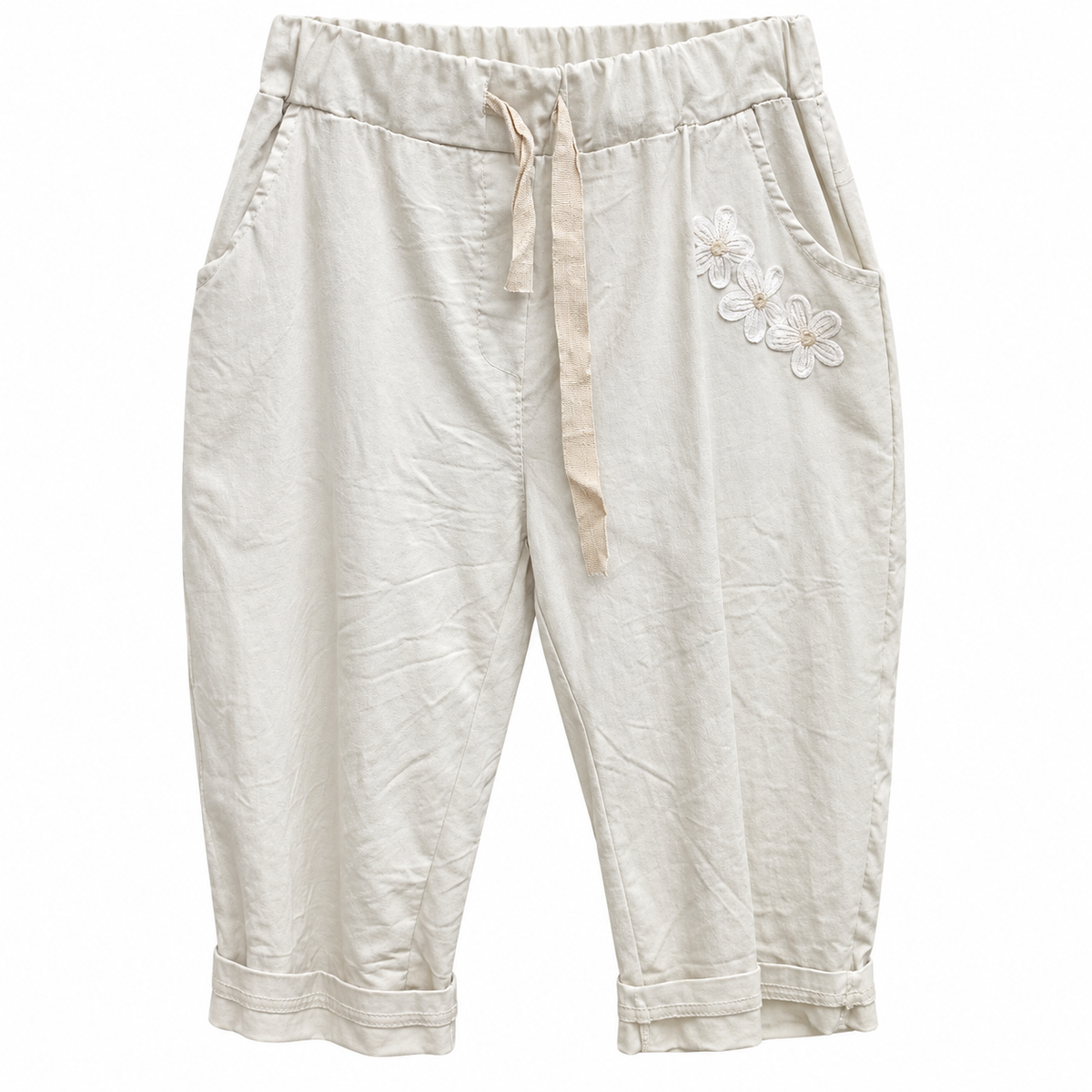 Pantalón Capri Beige con Bordado Floral – Colección Italiana
