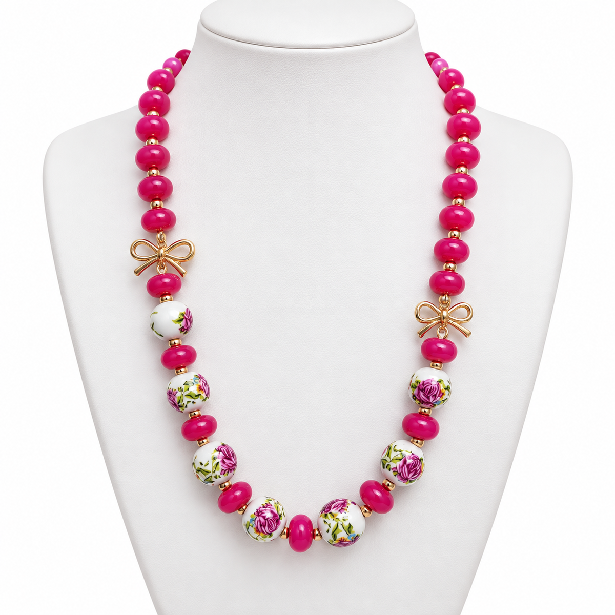 Collar Floral Rosa con Lazos Dorados