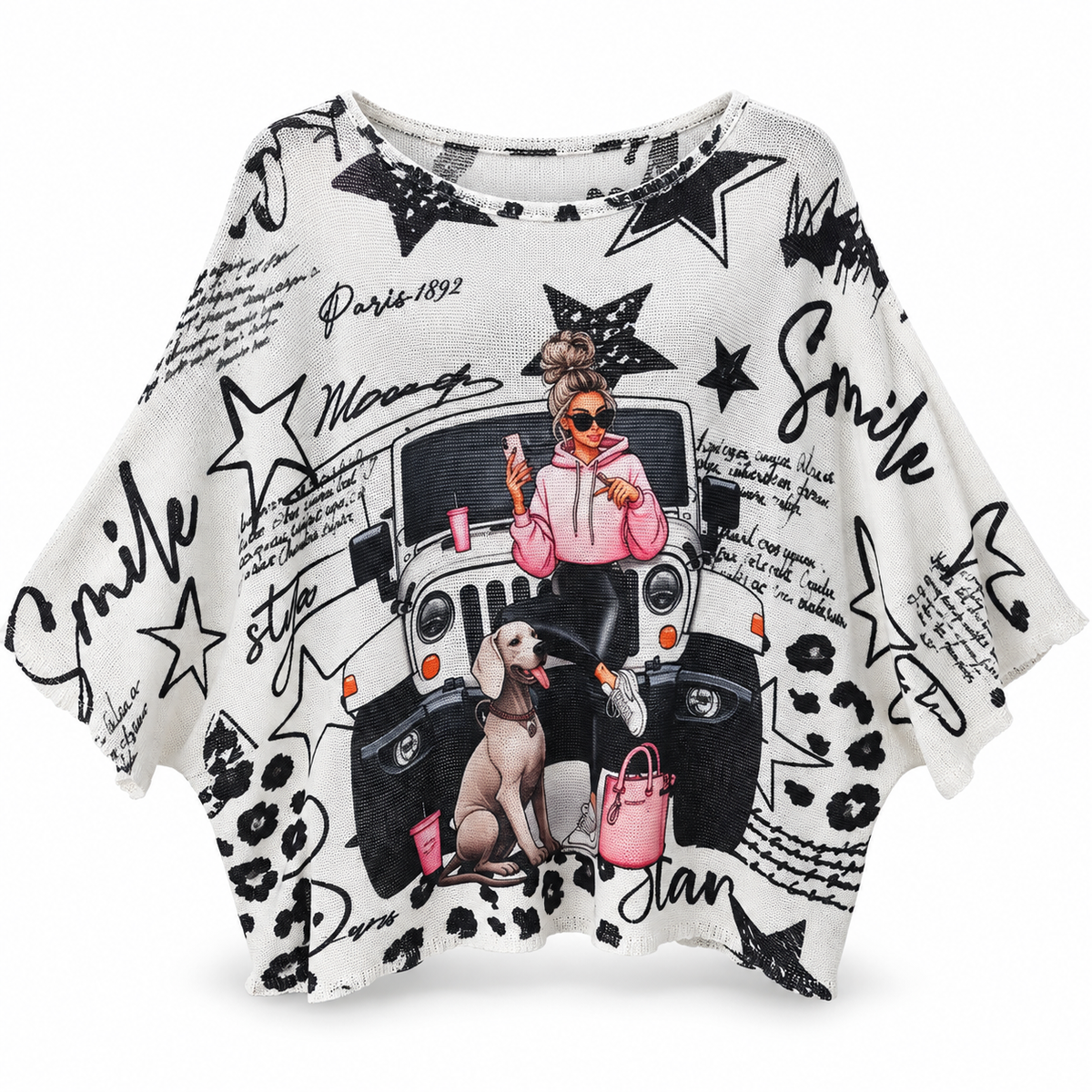 Suéter Poncho Blanco y Negro con Diseño Fashion