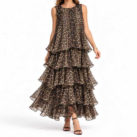 Vestido Leopard Ruffle Maxi Italiano