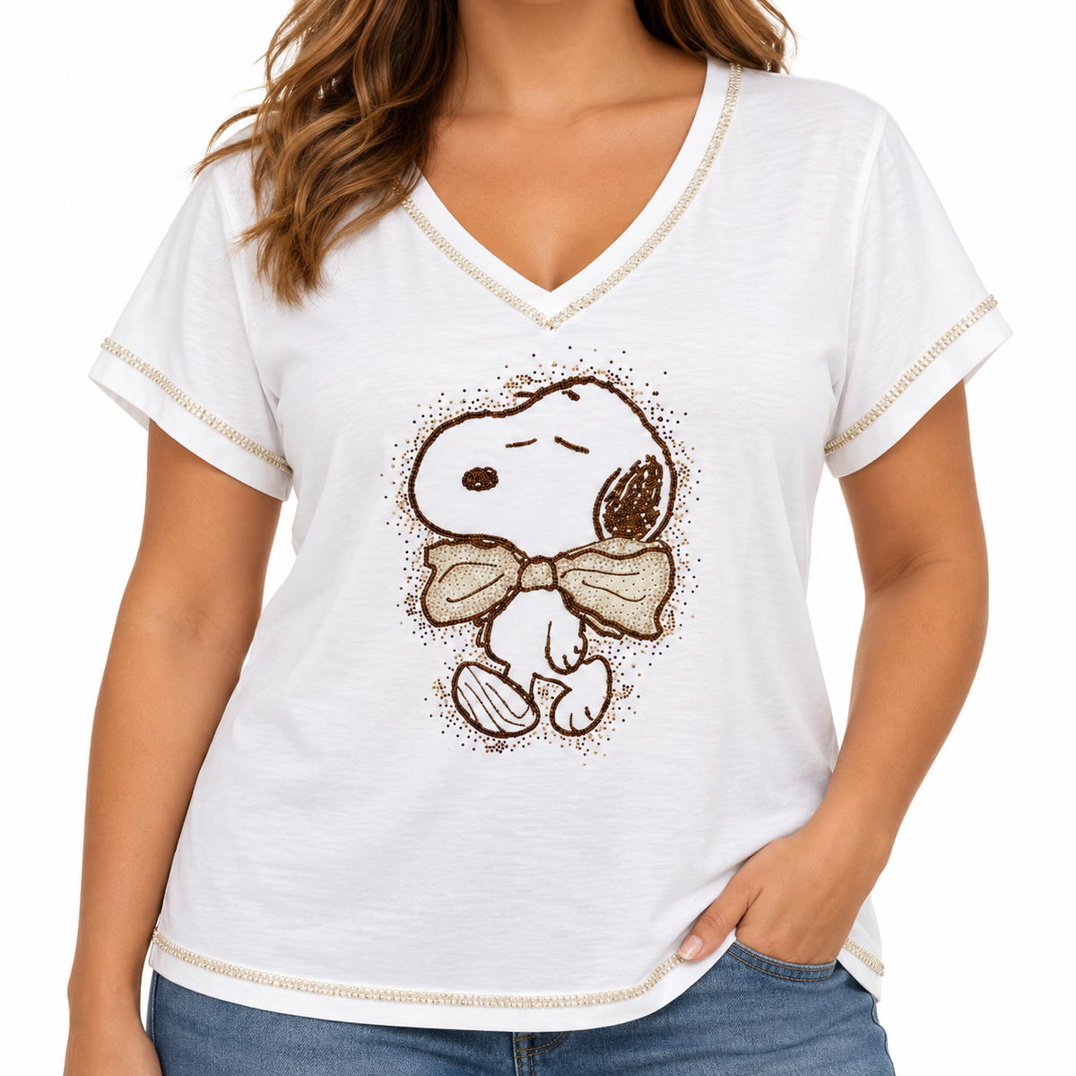 Camiseta Blanca Cuello V con Diseño de Perrito