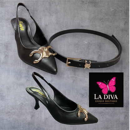 Set Elegante Slingback + Cinturón Negro con Detalle Dorado