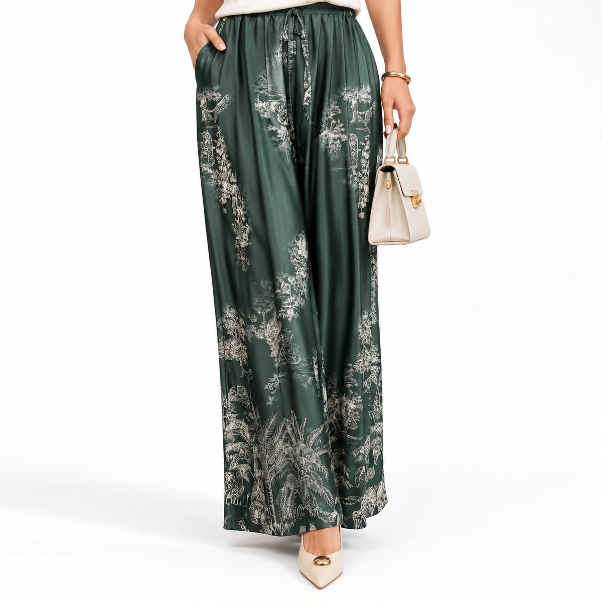 Pantalón de seda tipo Palazzo Verde Oliva - Colección Italiana