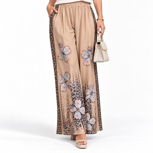 Pantalón Taupe Floral con Detalles Animal Print