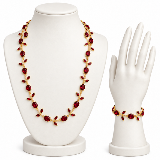 Set Collar y Pulsera Dorados con Cristales Rojos