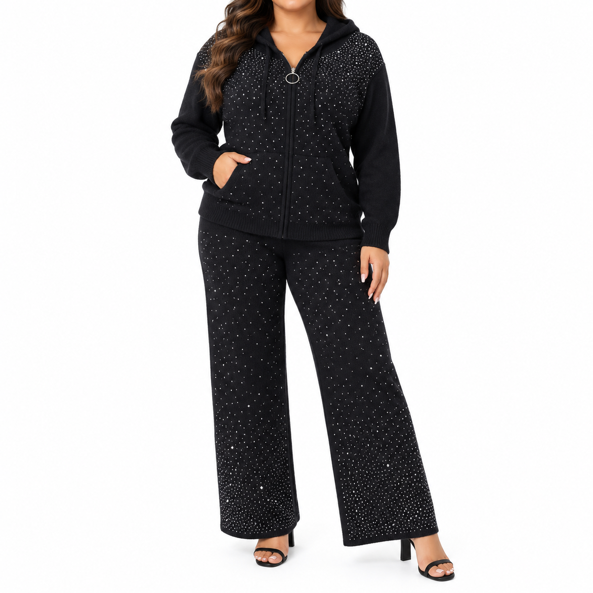 Conjunto Glam de Punto con Pedrería y Capucha – 2 Piezas