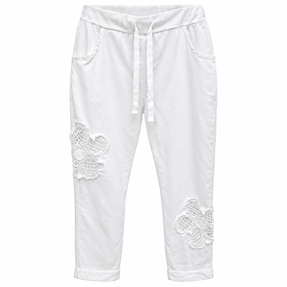 Pantalón Cropped Blanco con Flores en Crochet