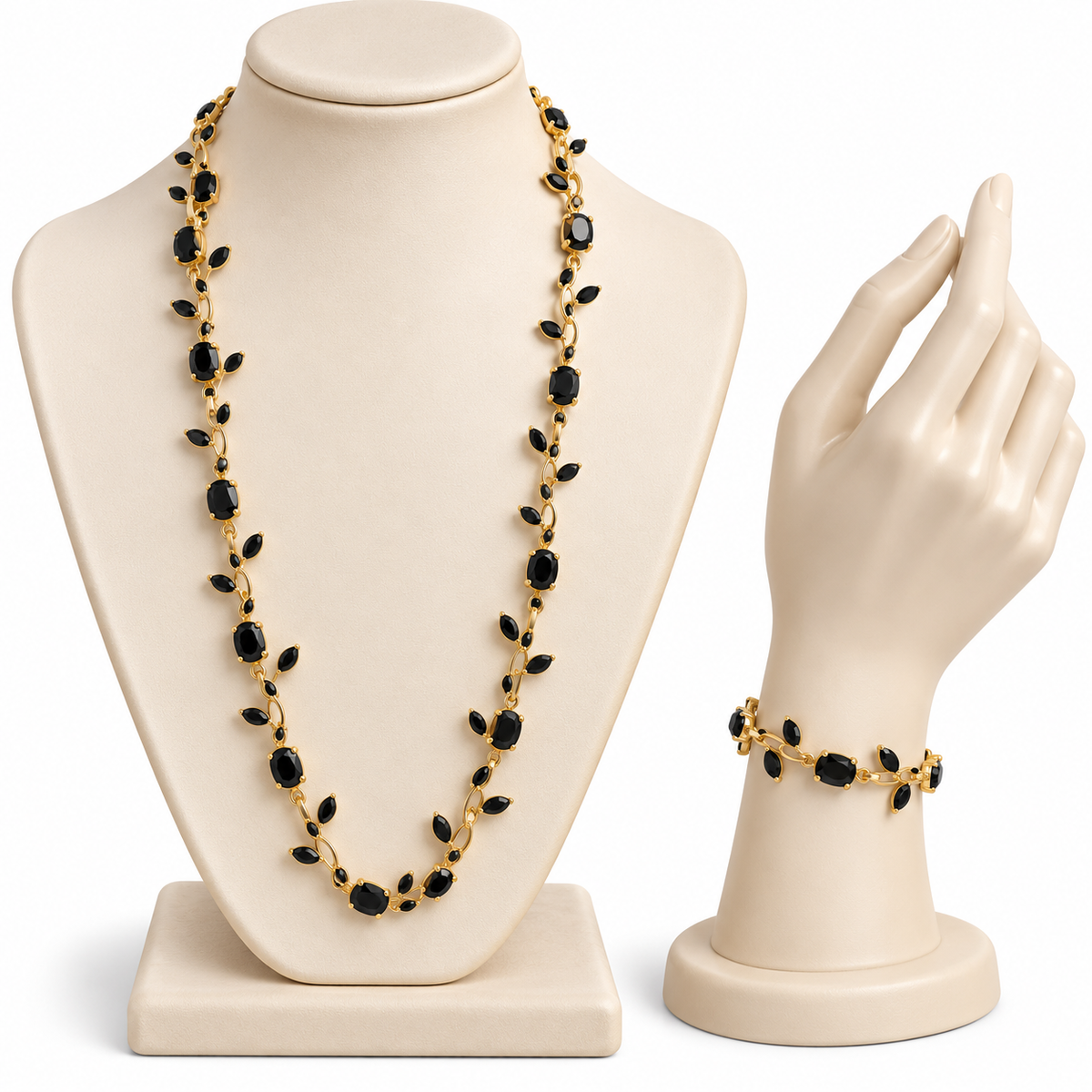Set Collar y Pulsera Dorados con Cristales Negros