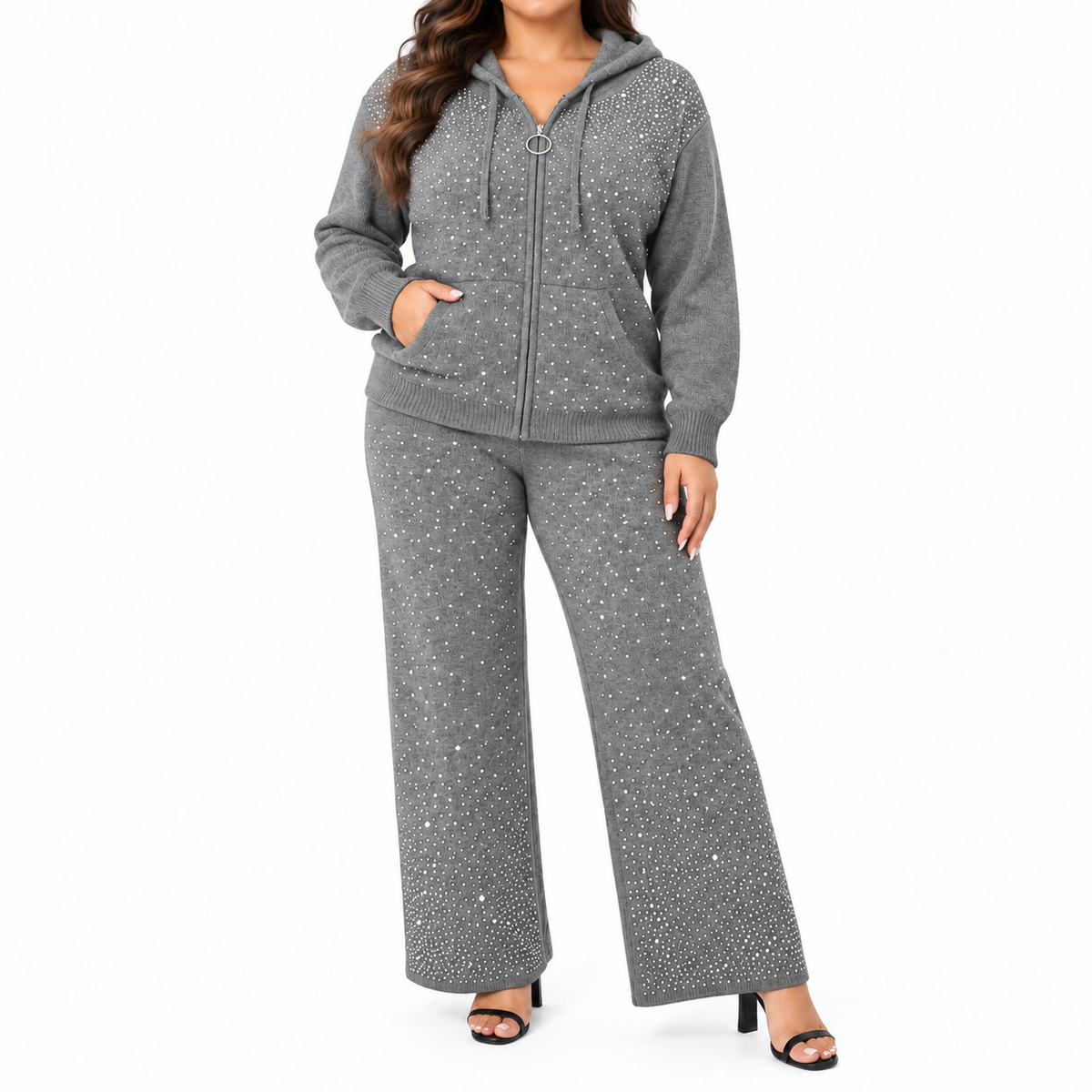 Conjunto Glam de Punto con Pedrería y Capucha – 2 Piezas