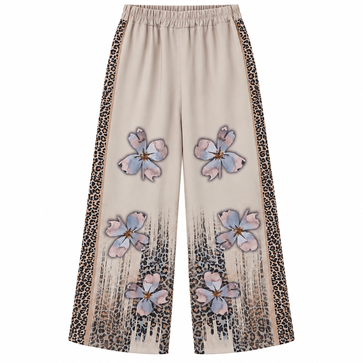 Pantalón Beige Floral con Laterales Animal Print
