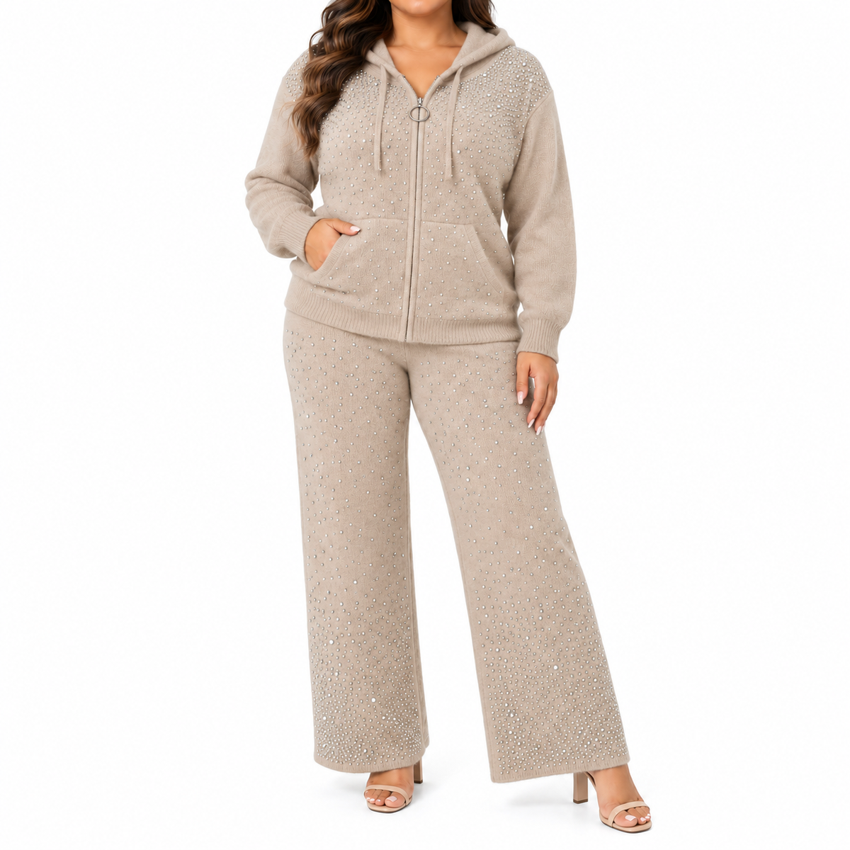 Conjunto Glam de Punto con Pedrería y Capucha – 2 Piezas